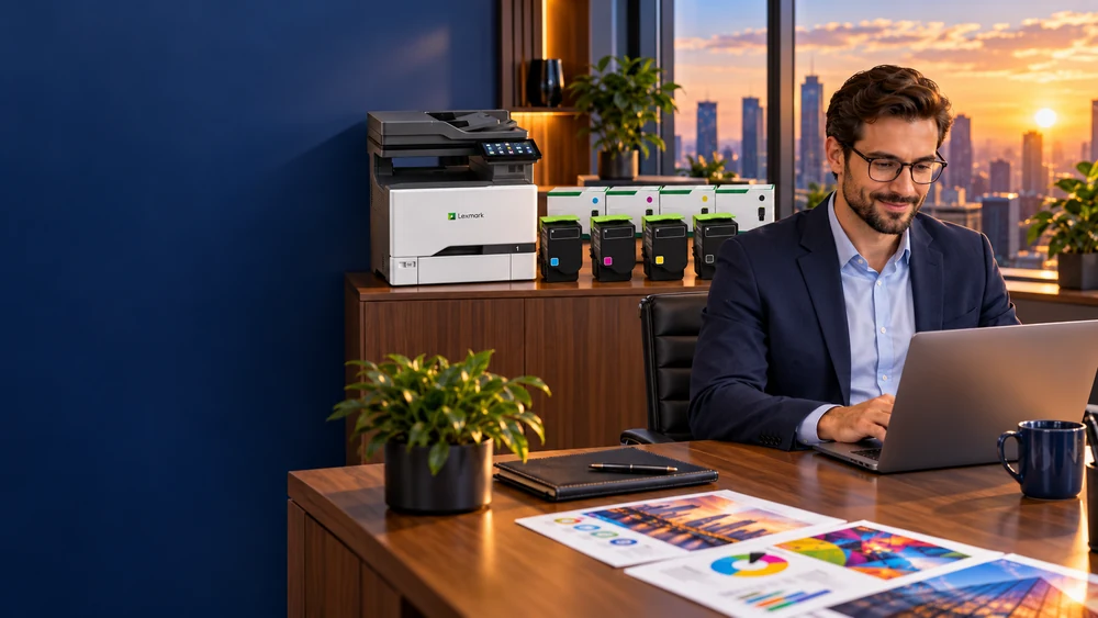 Ilustração de impressão Lexmark em um ambiente de trabalho corporativo