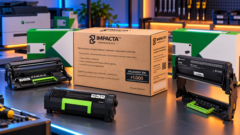 Ilustração de suprimentos para equipamentos Lexmark e embalagem Impacta Premium Black